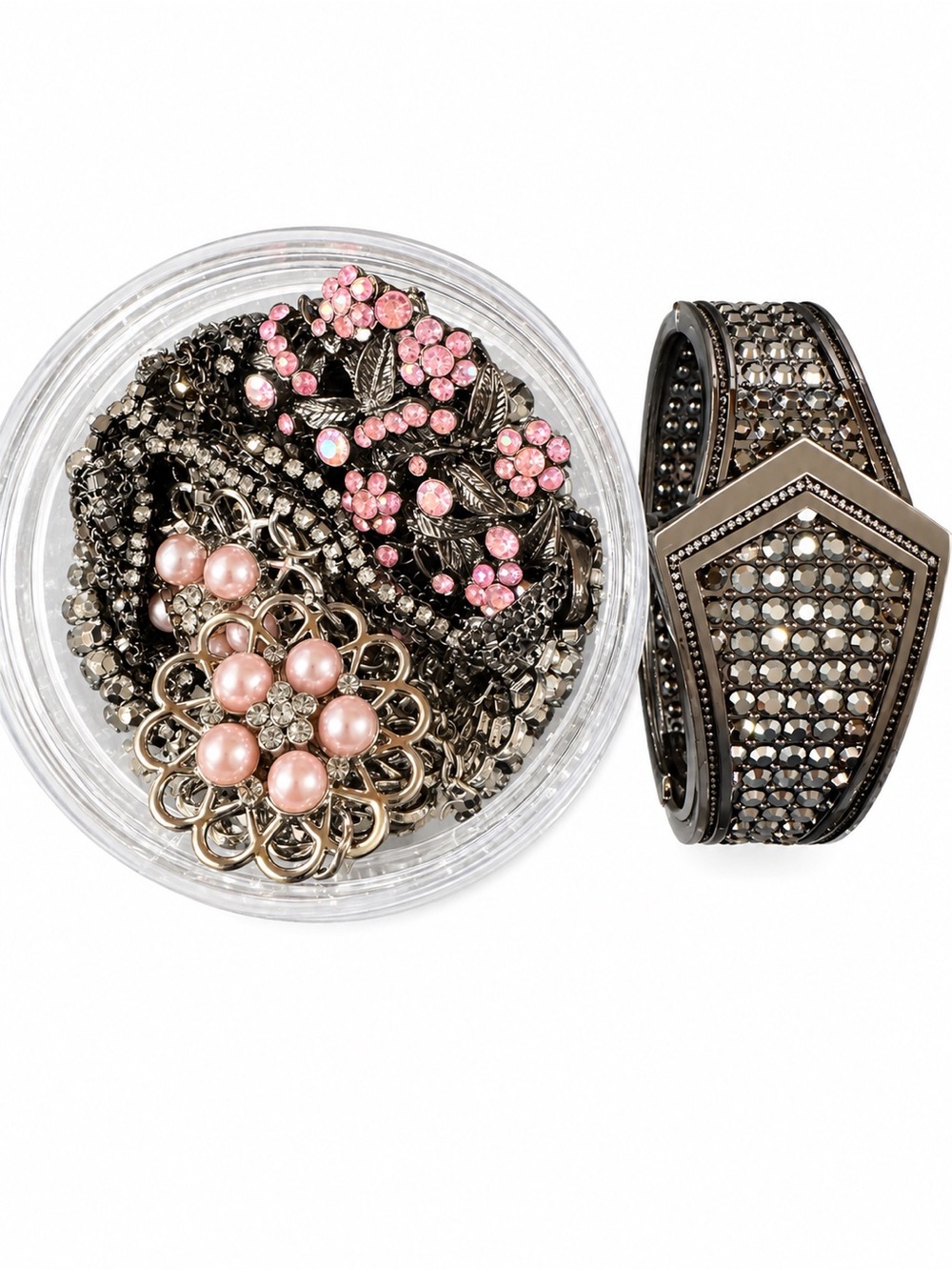 Beautiful Jewelry Jar Silver and Gun Metal Tone